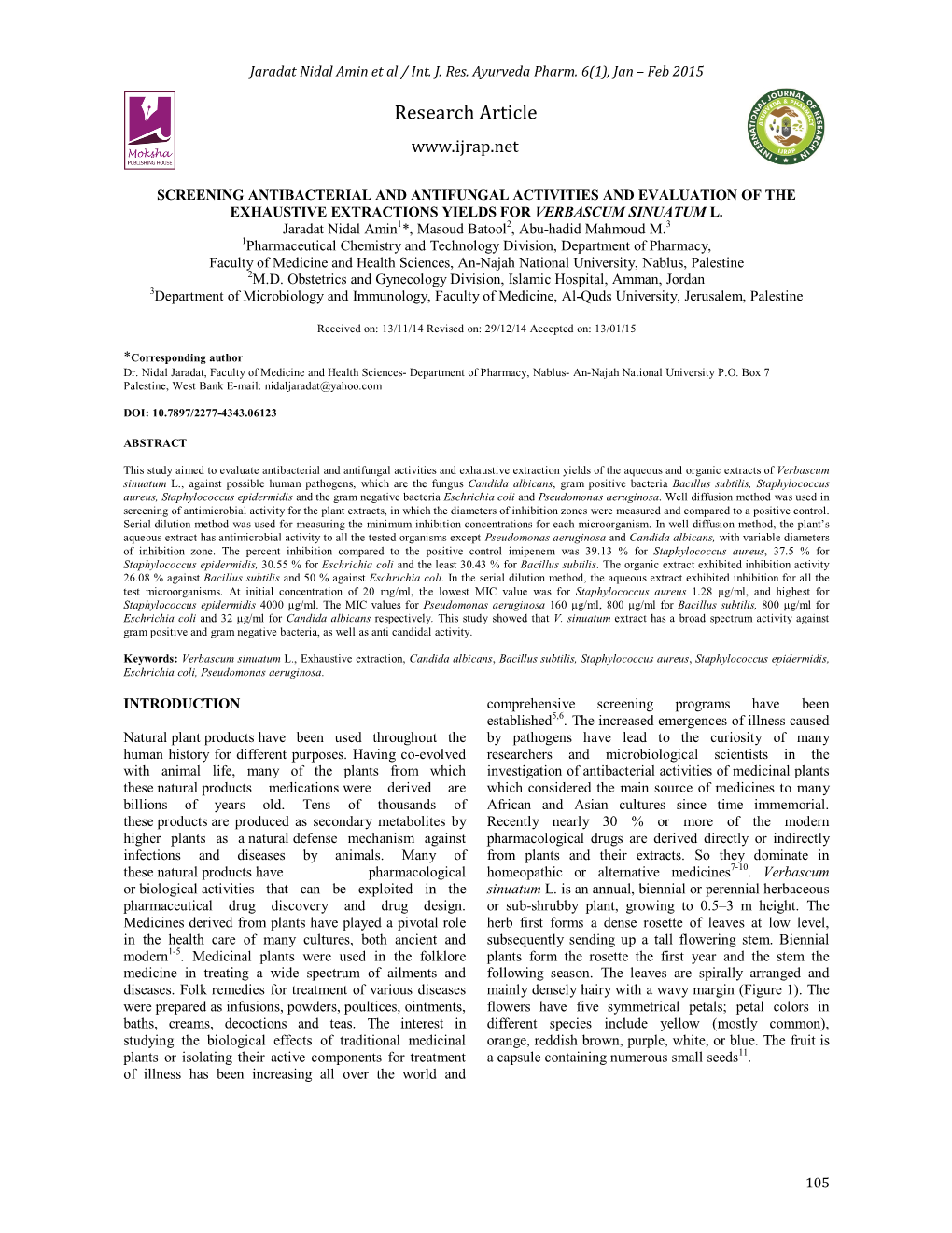 Screening Antibacterial and Antifungal Activities and Evaluation of the Exhaustive Extractions Yields for Verbascum Sinuatum L