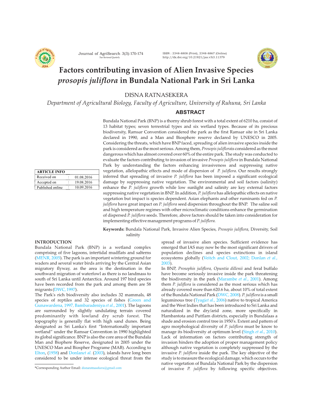 Factors Contributing Invasion of Alien Invasive Species Prosopis Juliflora in Bundala National Park in Sri Lanka