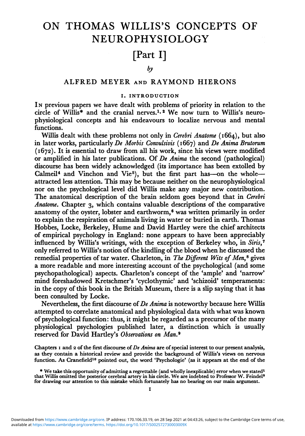 ON THOMAS WILLIS's CONCEPTS of NEUROPHYSIOLOGY [Part I] by ALFRED MEYER and RAYMOND HIERONS I