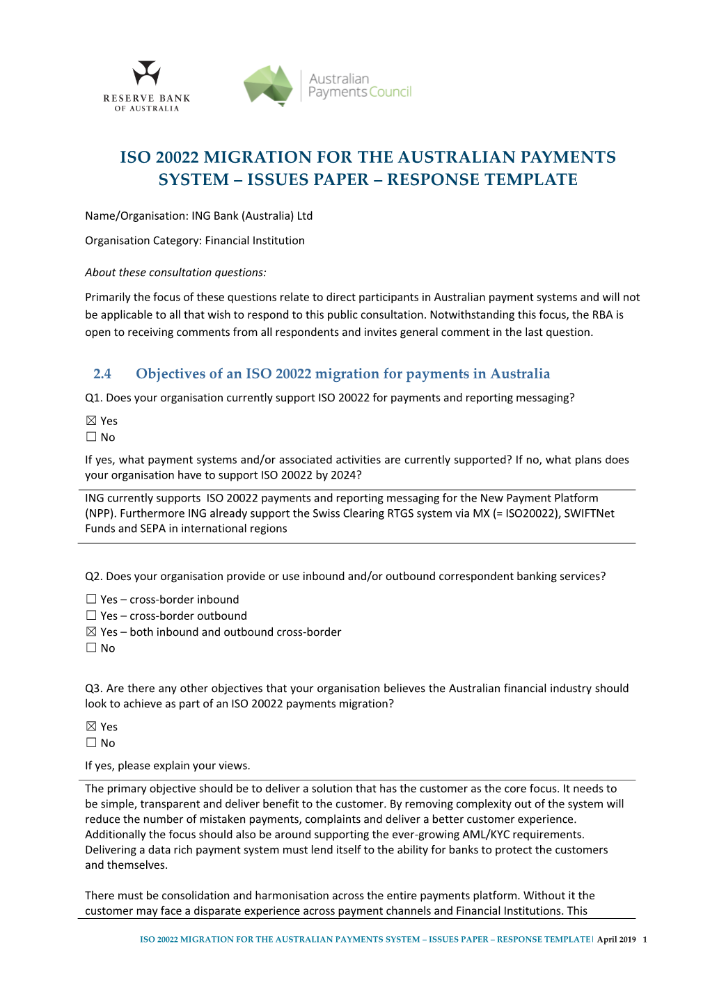 ING Bank (Australia) Ltd Organisation Category: Financial Institution