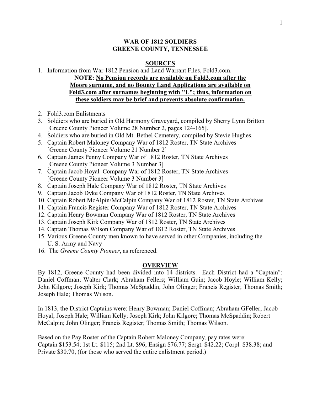 1 WAR of 1812 SOLDIERS GREENE COUNTY, TENNESSEE SOURCES 1. Information from War 1812 Pension and Land Warrant Files, Fold3.Com