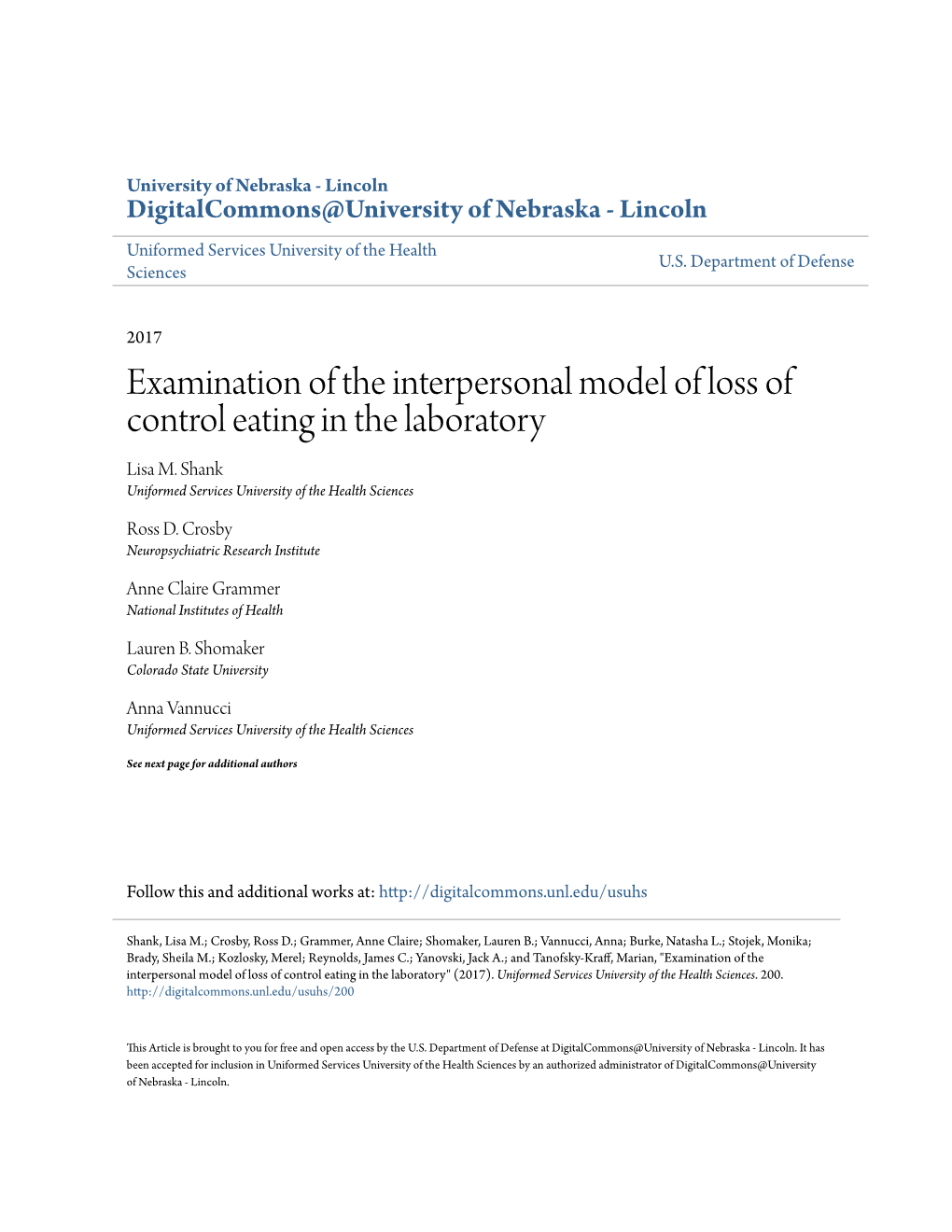 Examination of the Interpersonal Model of Loss of Control Eating in the Laboratory Lisa M