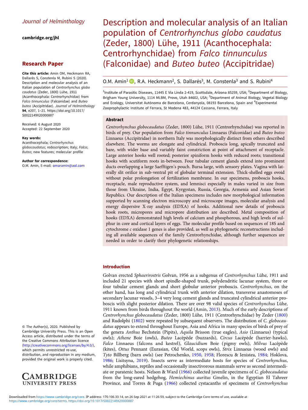 Description and Molecular Analysis of an Italian Population of Centrorhynchus Globo Caudatus (Zeder, 1800) Lühe, 1911 (Acanthoc