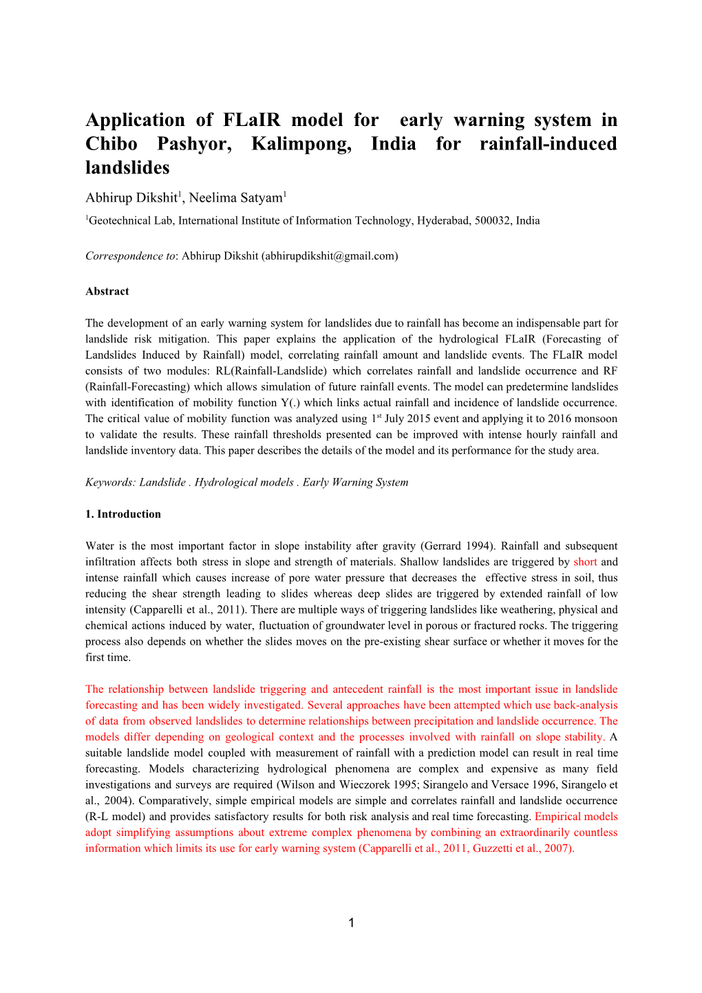 Application of Flair Model for Early Warning System in Chibo Pashyor, Kalimpong, India for Rainfall-Induced Landslides