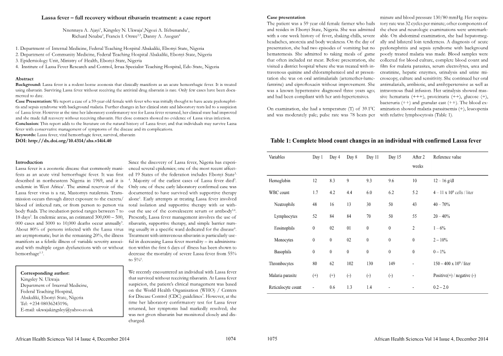 Complete Blood Count Changes in an Individual with Confirmed Lassa Fever