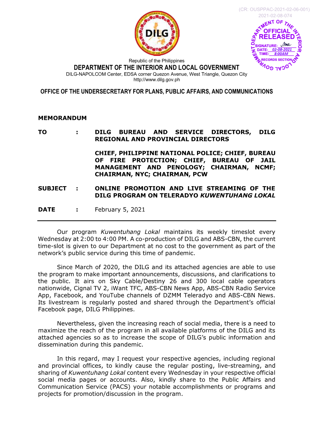 DEPARTMENT of the INTERIOR and LOCAL GOVERNMENT DILG-NAPOLCOM Center, EDSA Corner Quezon Avenue, West Triangle, Quezon City