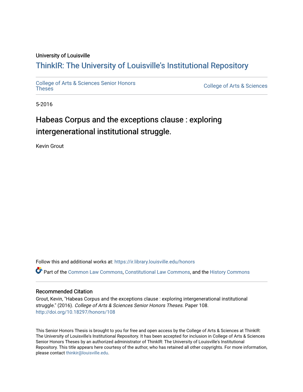 Habeas Corpus and the Exceptions Clause : Exploring Intergenerational Institutional Struggle
