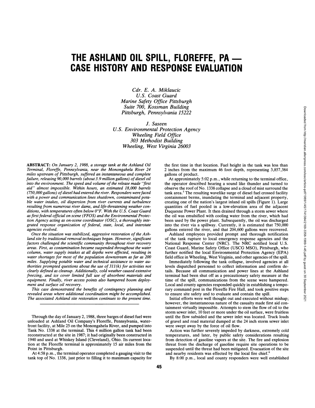 The Ashland Oil Spill, Floreffe, Pa — Case History and Response Evaluation
