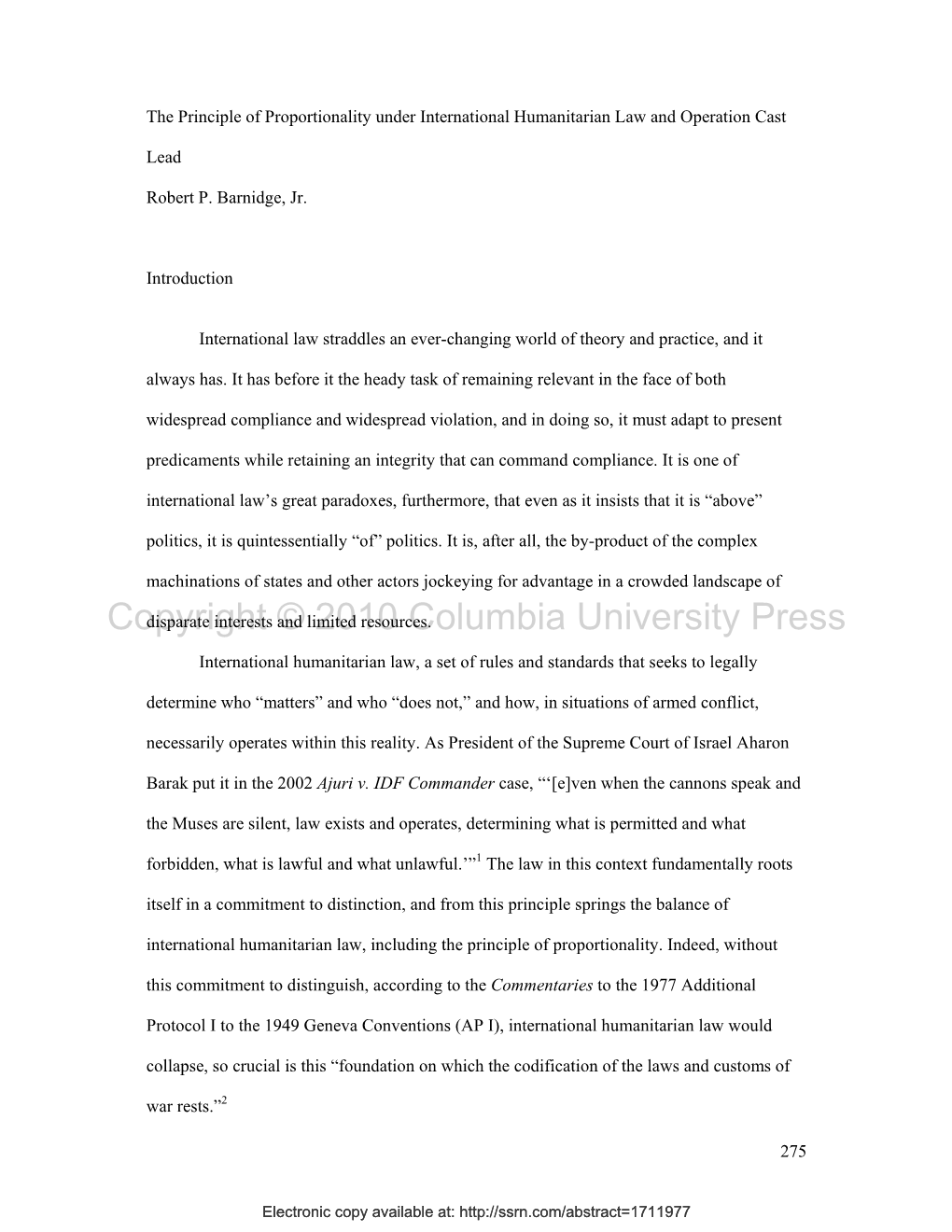 The Principle of Proportionality Under International Humanitarian Law and Operation Cast