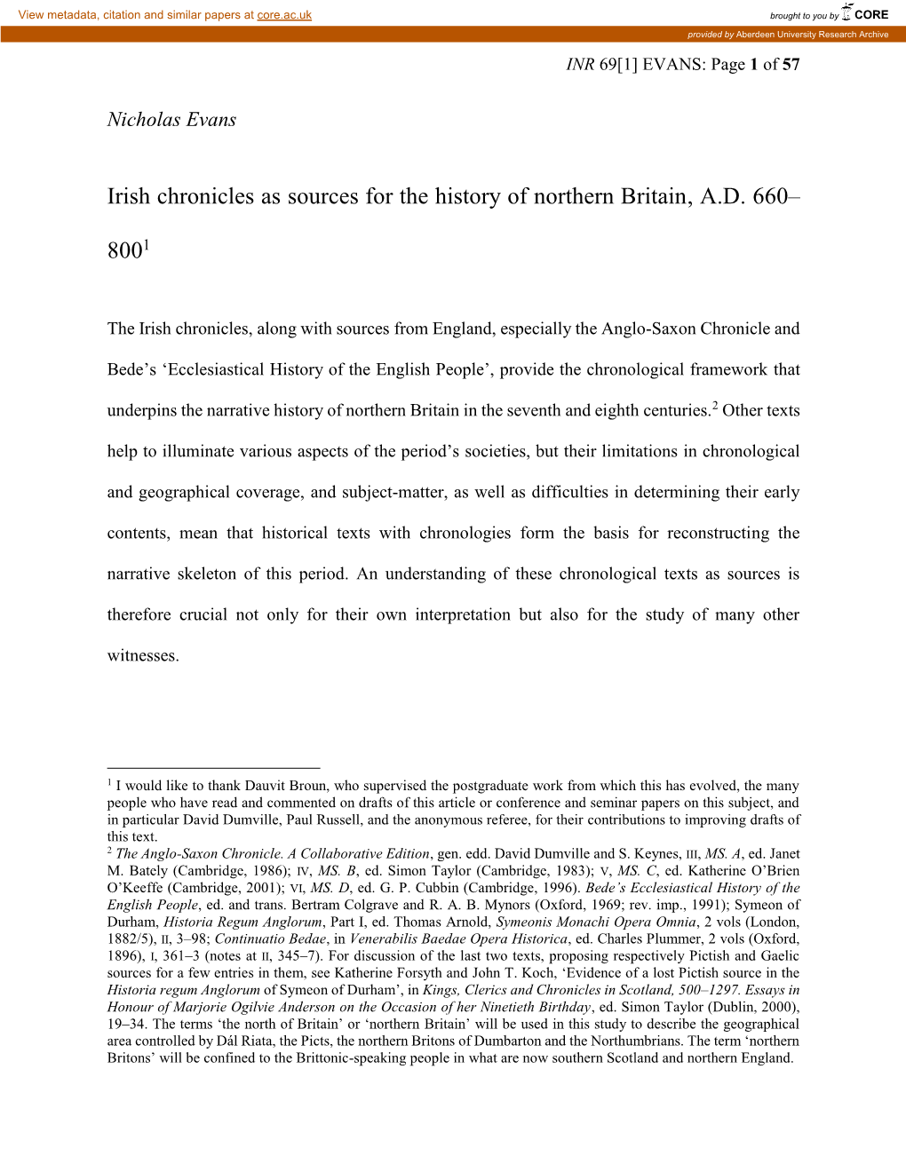 Irish Chronicles As Sources for the History of Northern Britain, AD