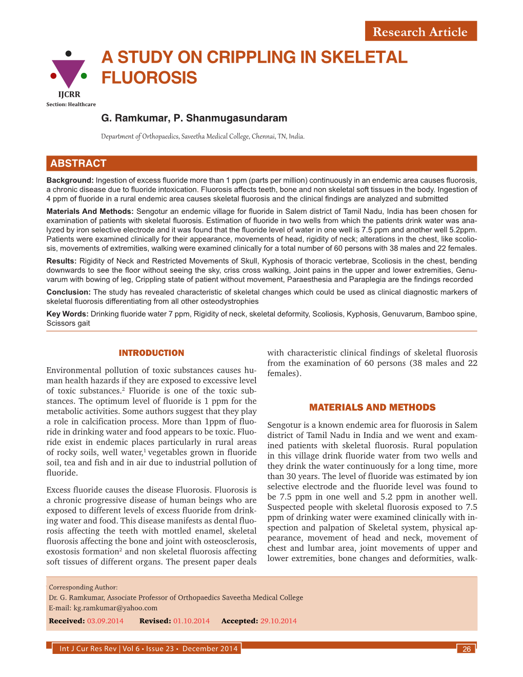 SKELETAL FLUOROSIS IJCRR Section: Healthcare G