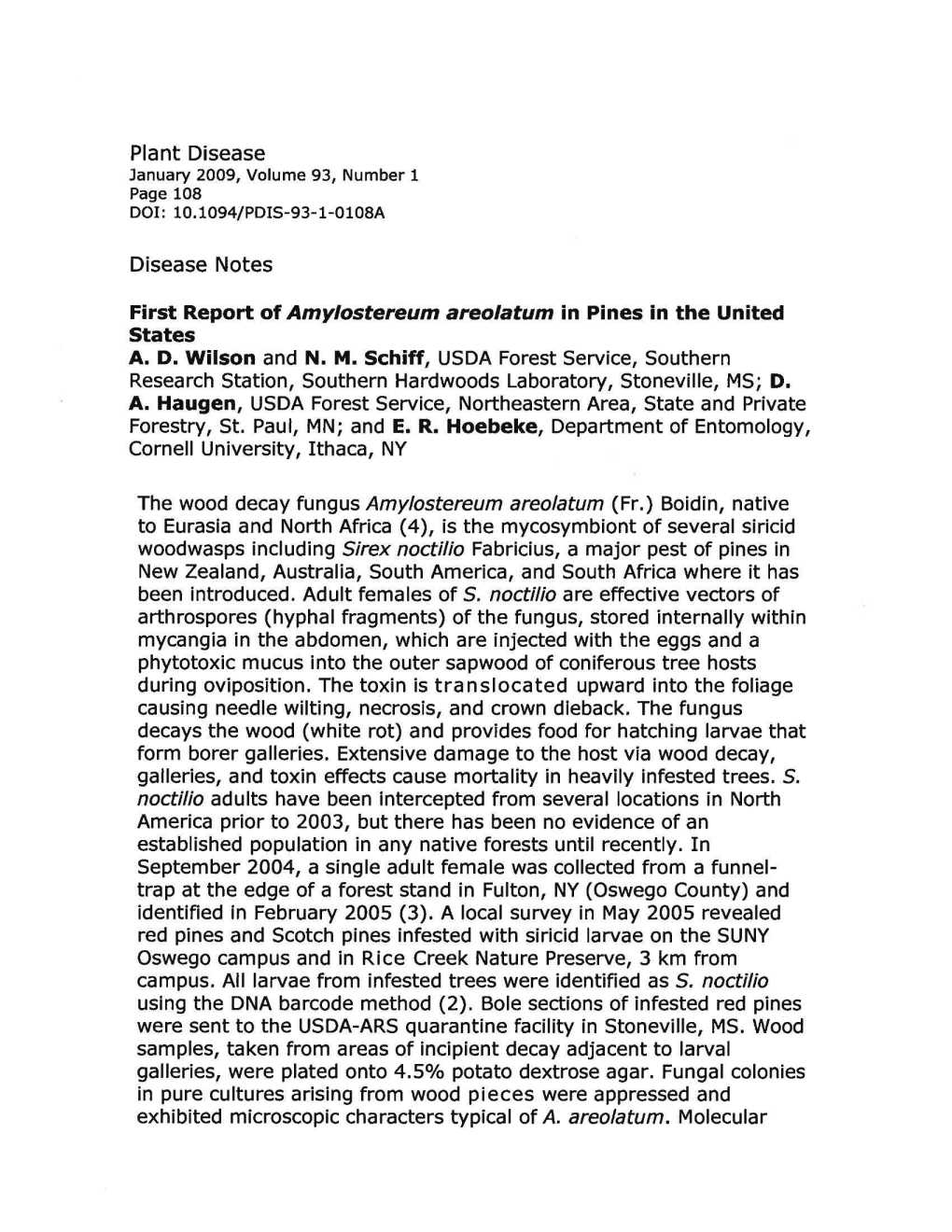 Plant Disease Disease Notes First Report of Amylostereum Areolatum