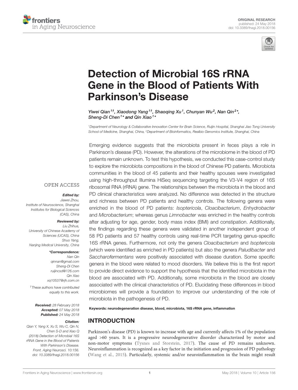 Detection of Microbial 16S Rrna Gene in the Blood of Patients with Parkinson’S Disease