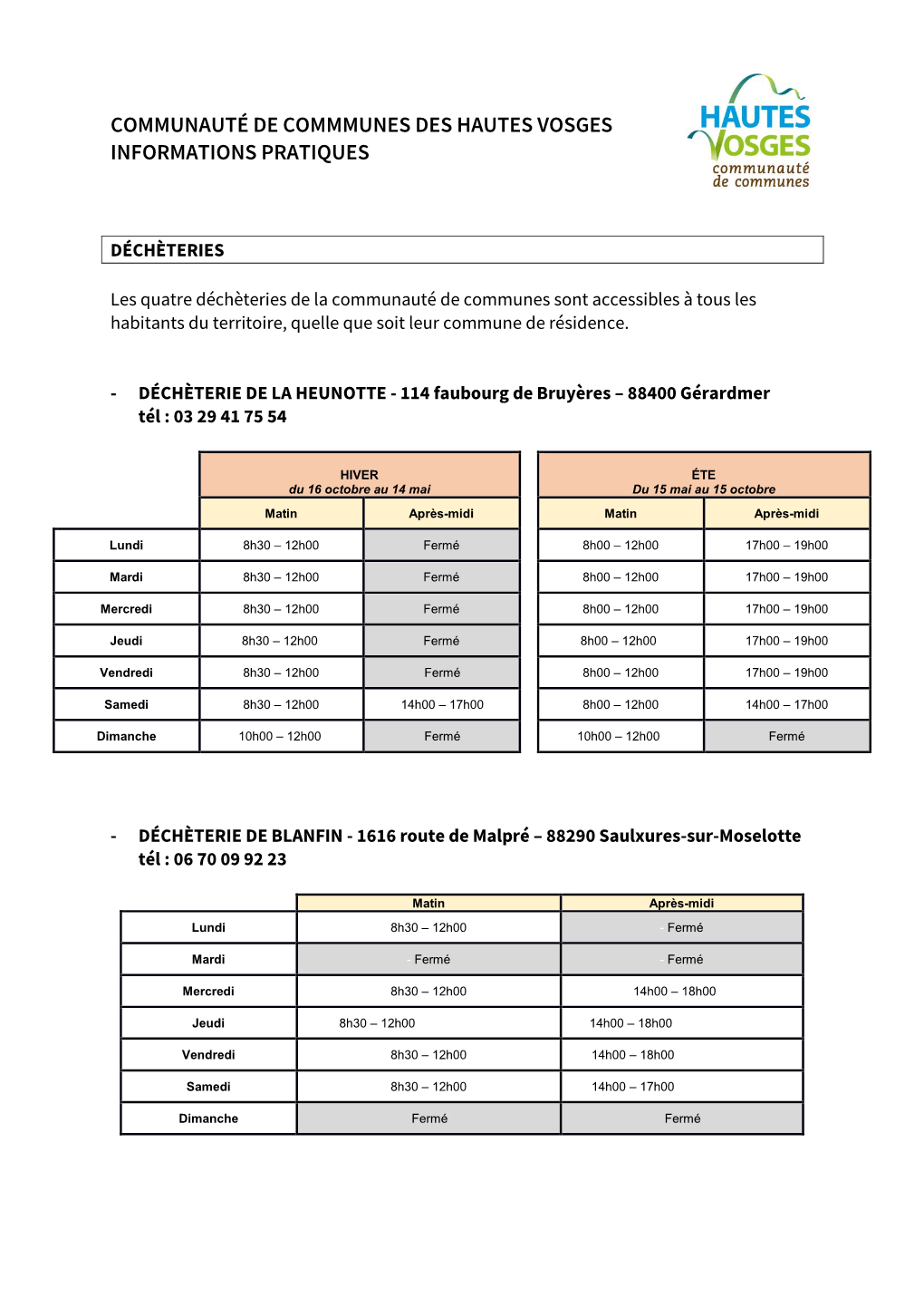 Communauté De Commmunes Des Hautes Vosges Informations Pratiques