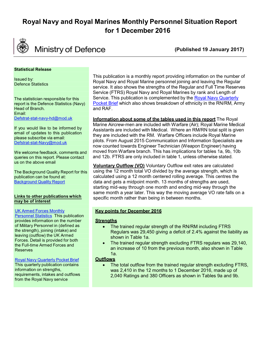 Royal Navy and Royal Marines Monthly Personnel Situation Report 1