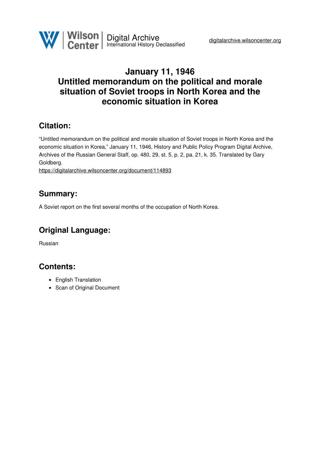 January 11, 1946 Untitled Memorandum on the Political and Morale Situation of Soviet Troops in North Korea and the Economic Situation in Korea