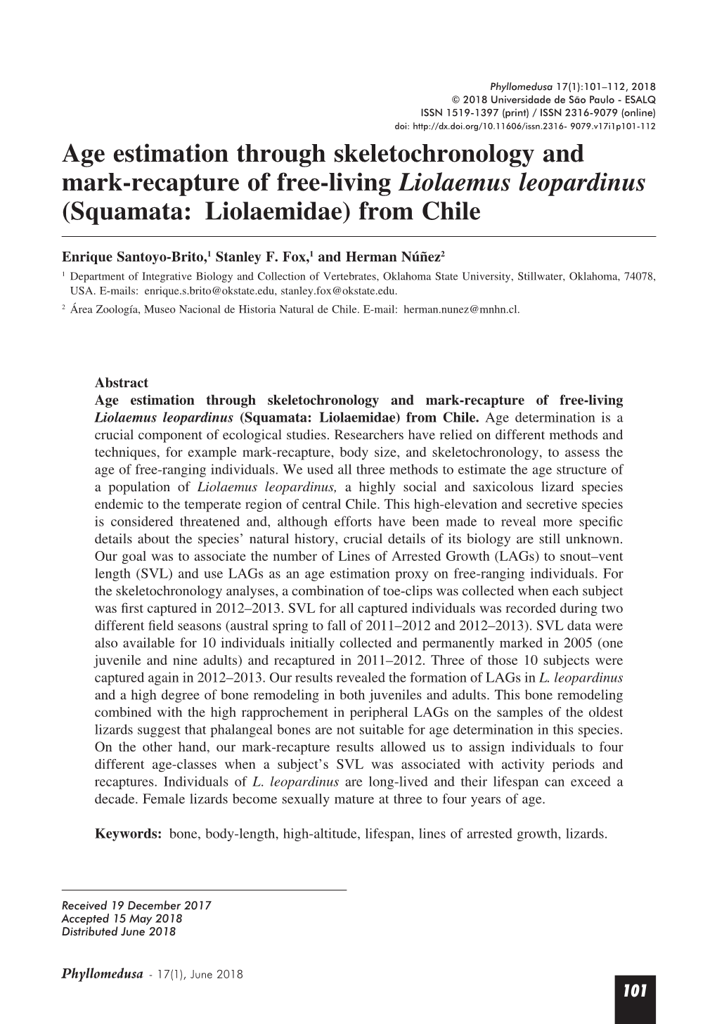 Age Estimation Through Skeletochronology and Mark-Recapture of Free-Living Liolaemus Leopardinus (Squamata: Liolaemidae) from Chile