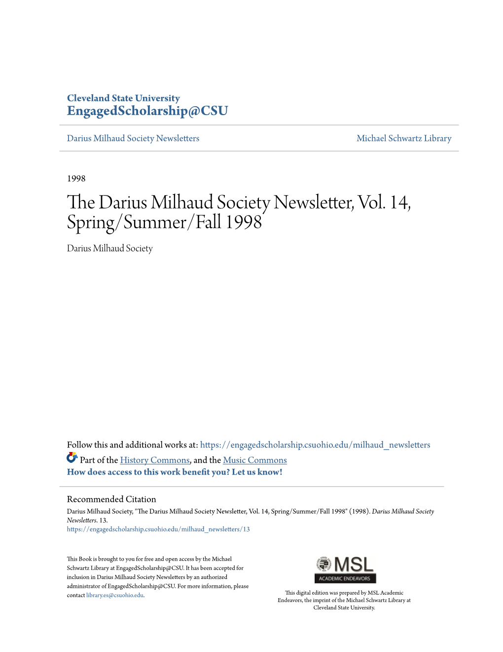 The Darius Milhaud Society Newsletter, Vol. 14, Spring/Summer