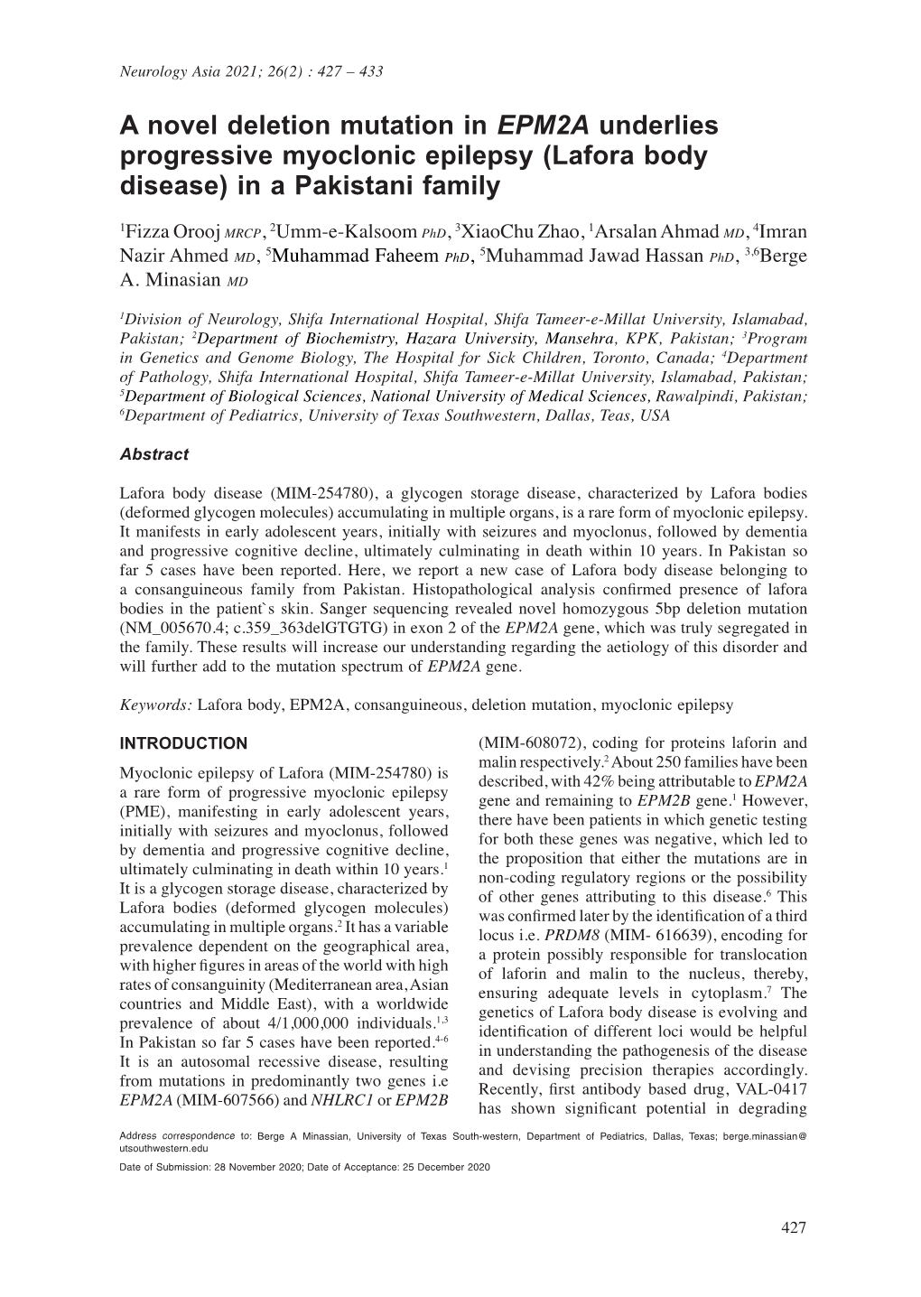 A Novel Deletion Mutation in EPM2A Underlies Progressive Myoclonic Epilepsy (Lafora Body Disease) in a Pakistani Family