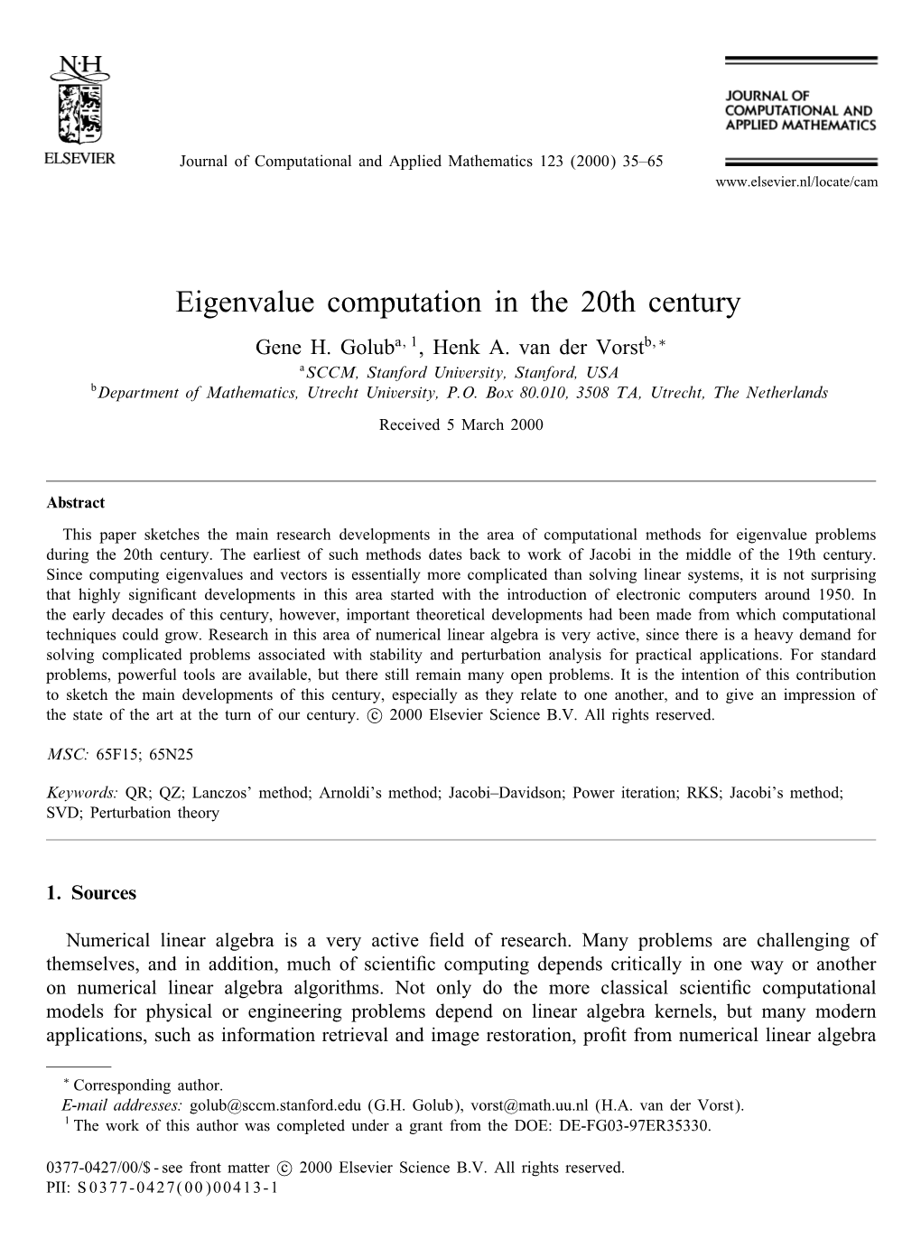 Eigenvalue Computation in the 20Th Century Gene H