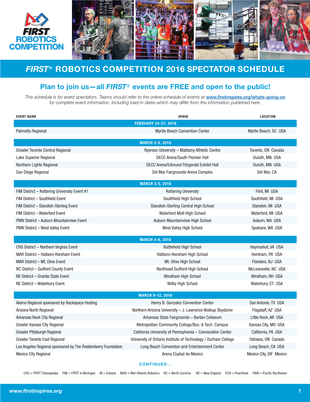 First® Robotics Competition 2016 Spectator Schedule