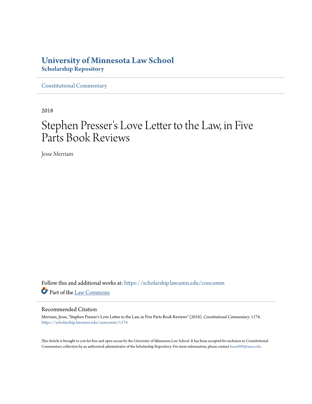 Stephen Presser's Love Letter to the Law, in Five Parts Book Reviews Jesse Merriam