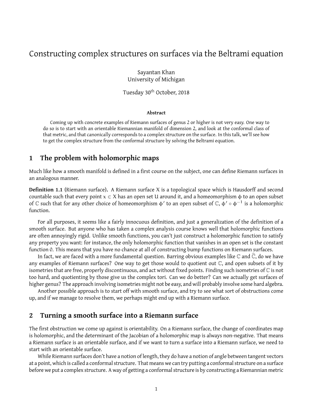 Constructing Complex Structures on Surfaces Via the Beltrami Equation