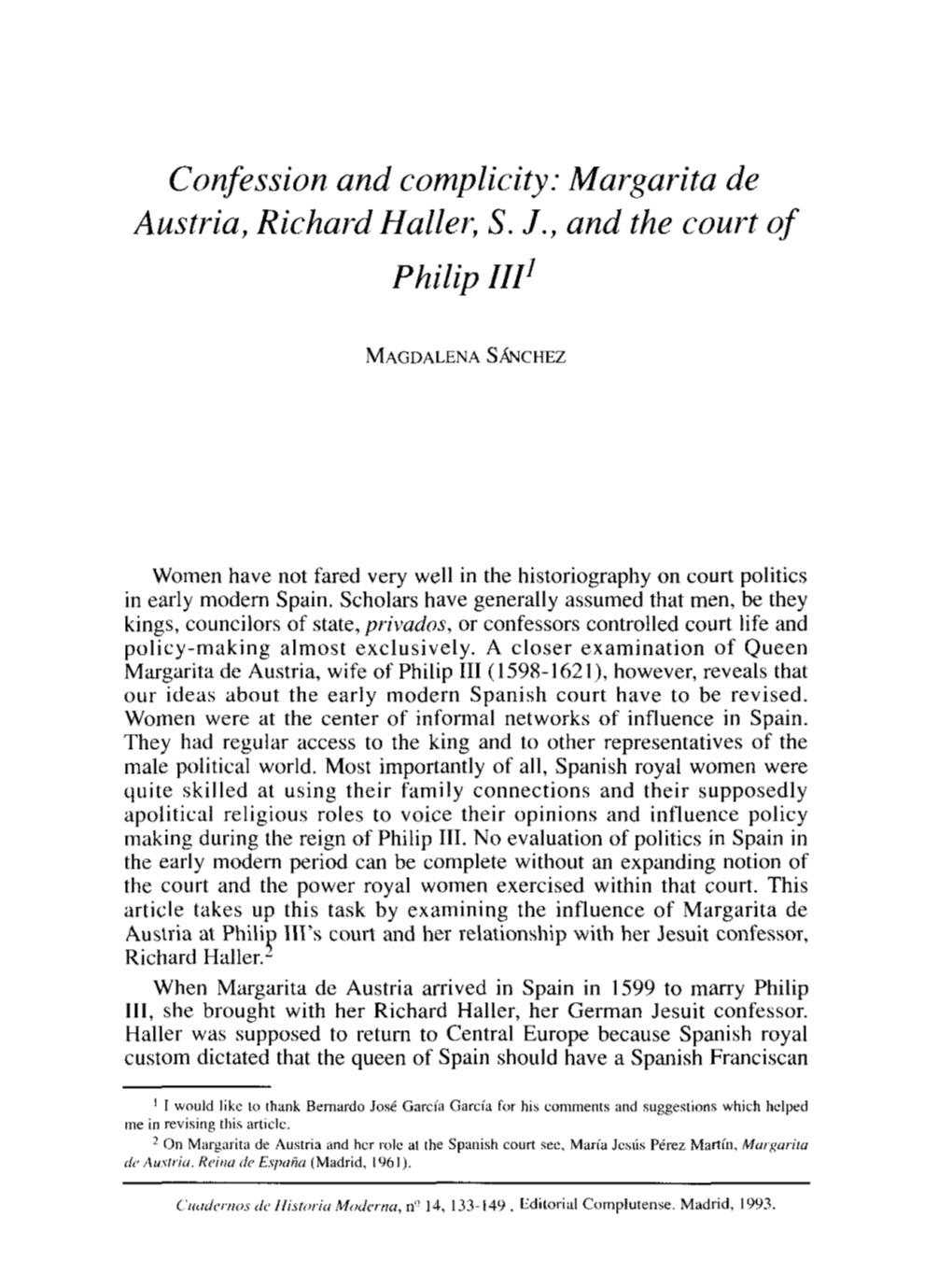 Confession and Complicity: Margarita De Austria, Richard Haller, S. J. And