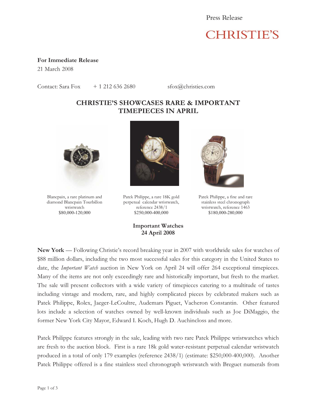 Christie's Showcases Rare & Important Timepieces in April