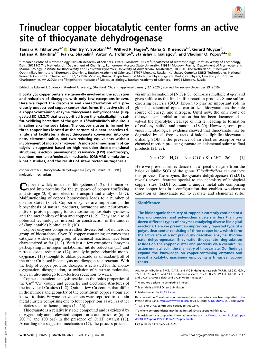 Trinuclear Copper Biocatalytic Center Forms an Active Site of Thiocyanate Dehydrogenase