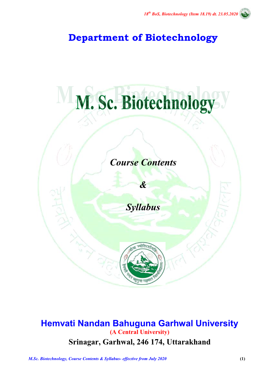 Department of Biotechnology Course Contents & Syllabus