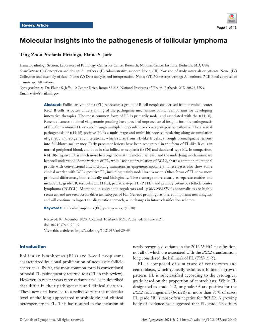 Molecular Insights Into the Pathogenesis of Follicular Lymphoma