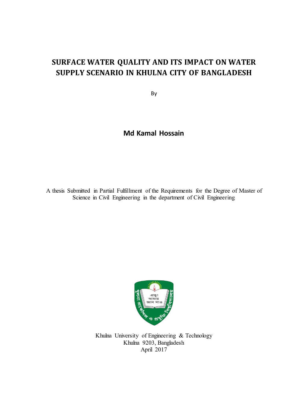 Surface Water Quality and Its Impact on Water Supply Scenario in Khulna City of Bangladesh