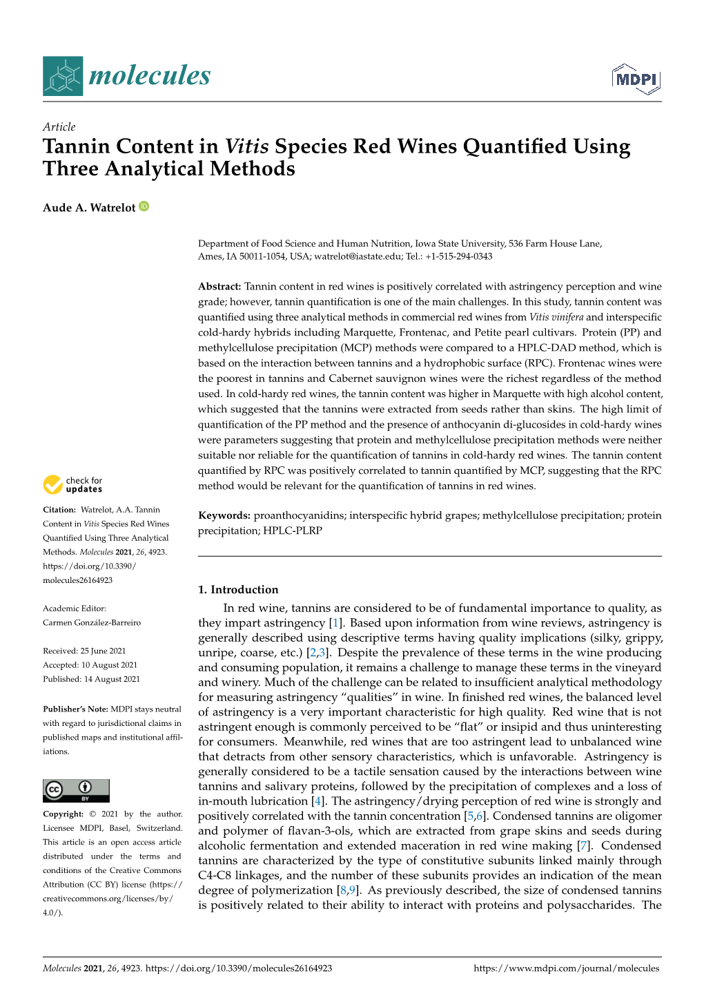 Tannin Content in Vitis Species Red Wines Quantified Using Three