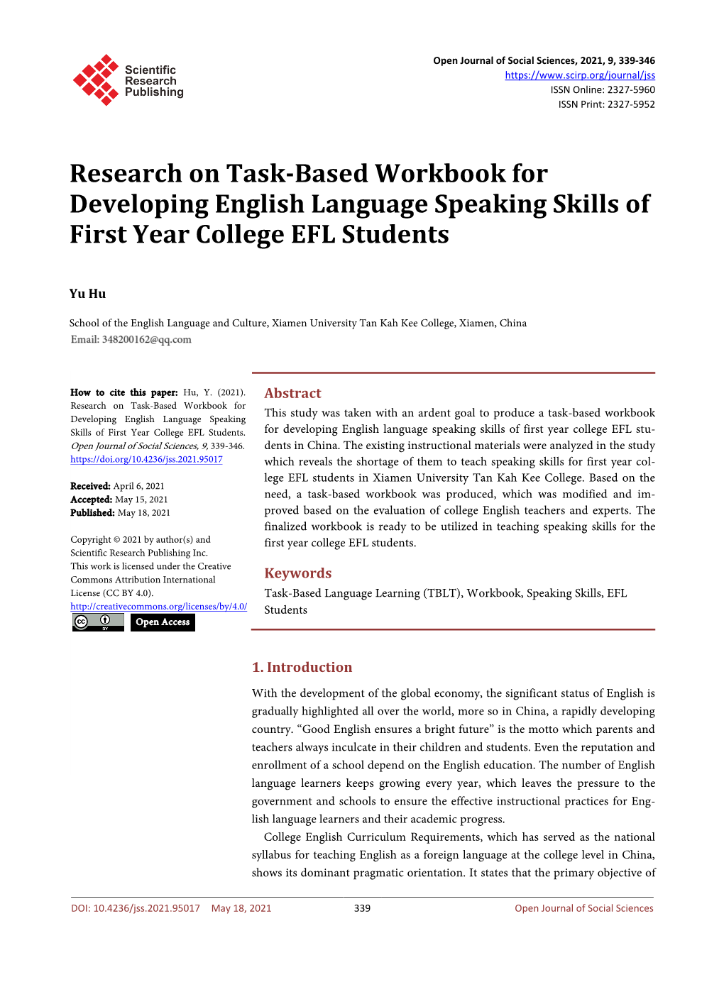Research on Task-Based Workbook for Developing English Language Speaking Skills of First Year College EFL Students