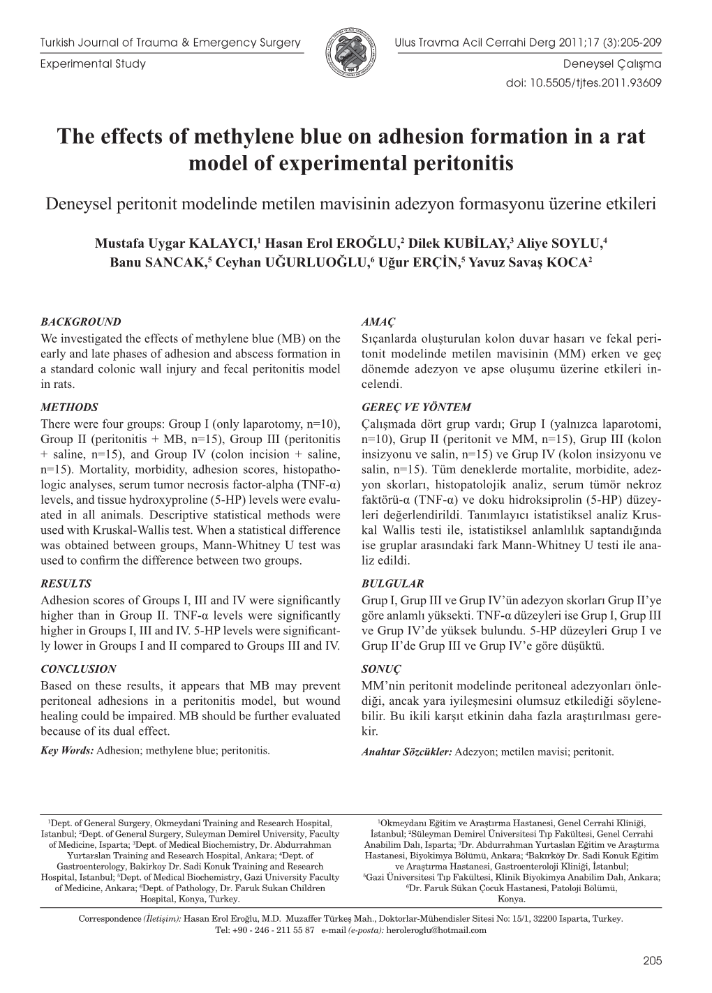 The Effects of Methylene Blue on Adhesion Formation in a Rat Model of Experimental Peritonitis