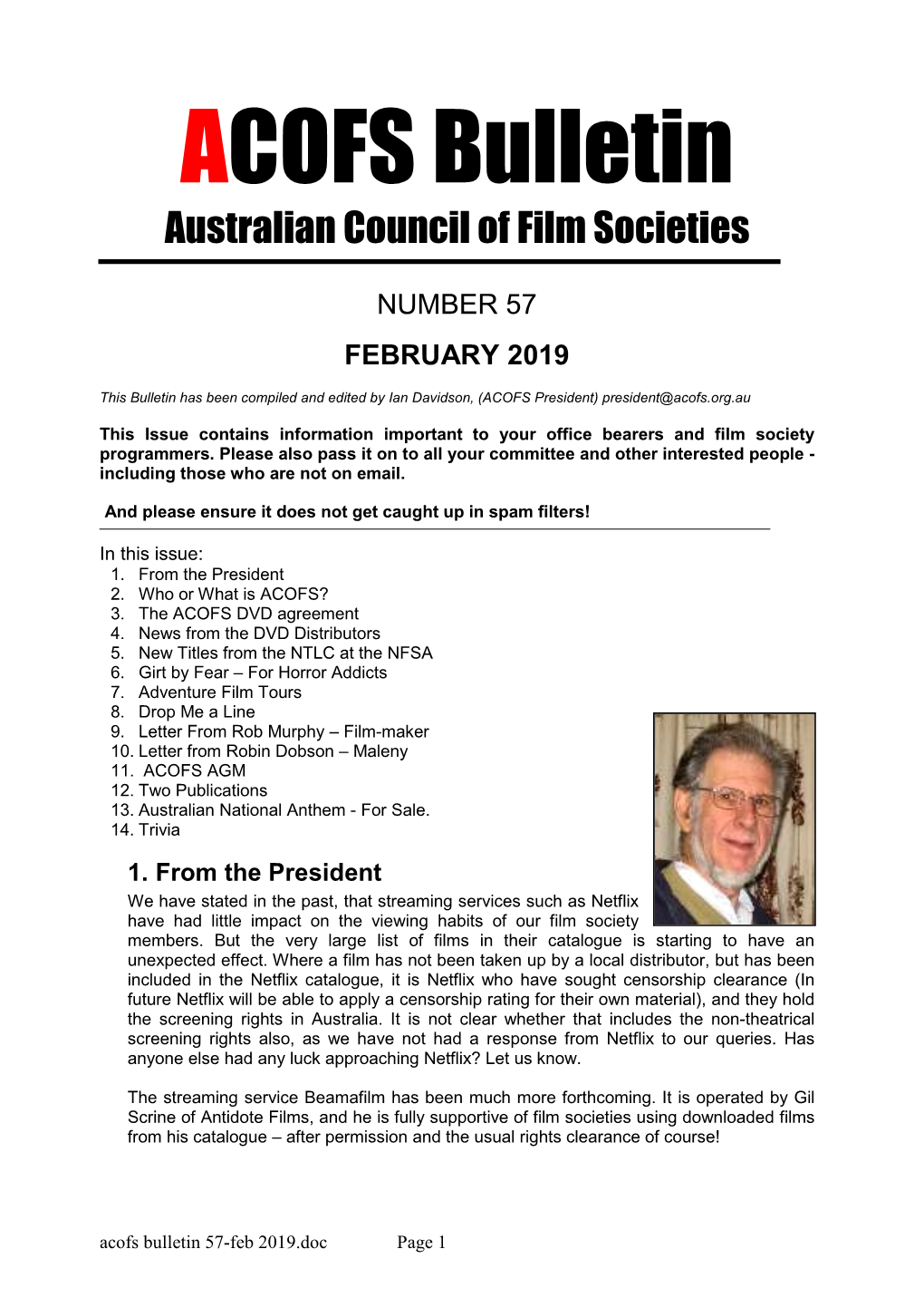 ACOFS Bulletin Australian Council of Film Societies
