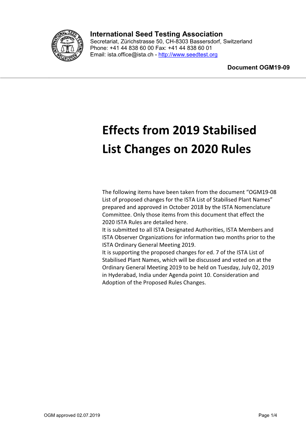 OGM19-09 Effects from 2019 Stabilised List Changes on 2020