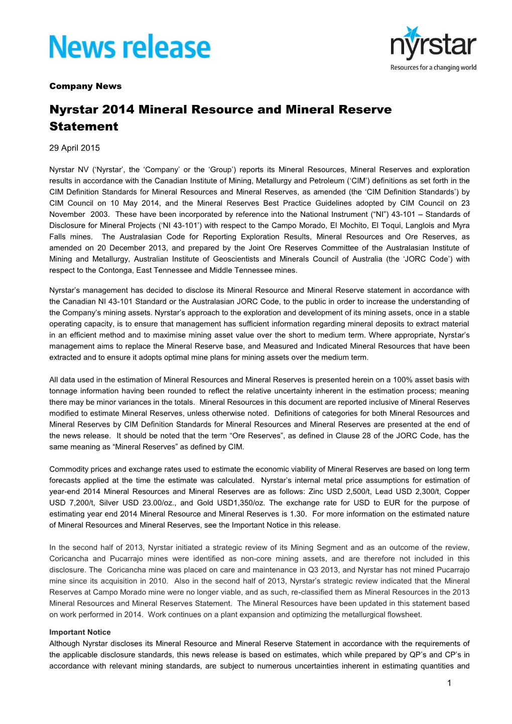 2014 Mineral Resource and Reserve Statement