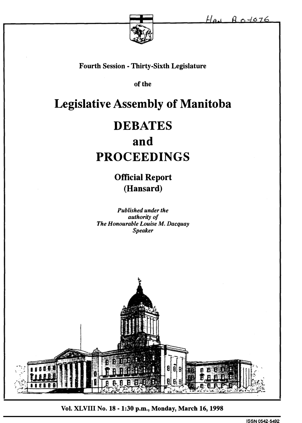 Legislative Assembly of Manitoba DEBATES and PROCEEDINGS