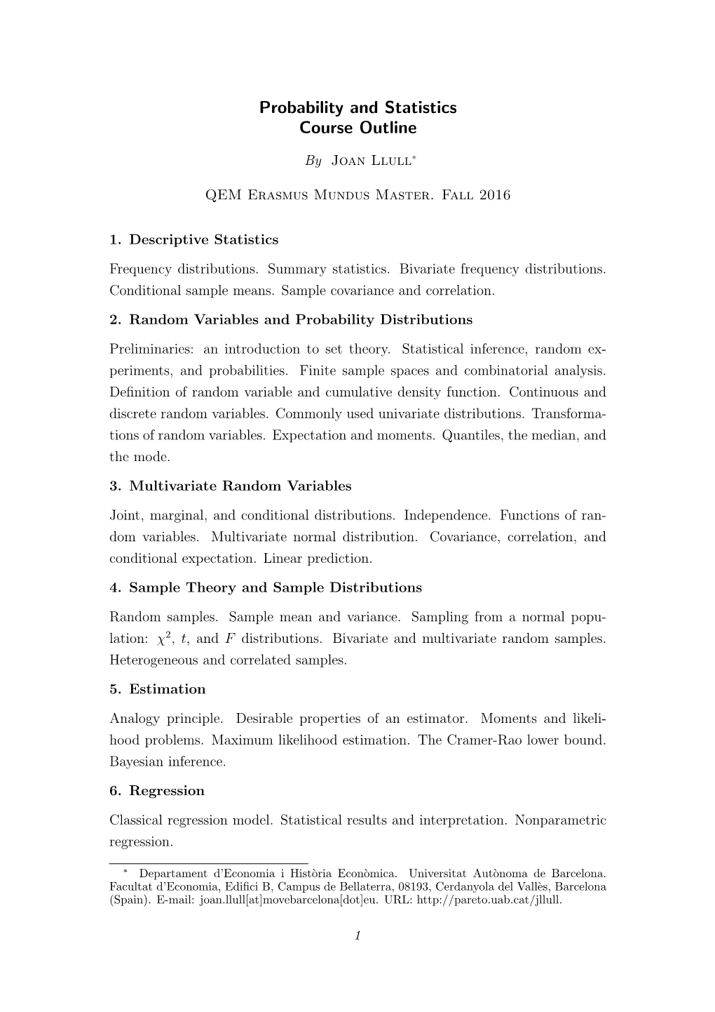 Probability and Statistics Course Outline