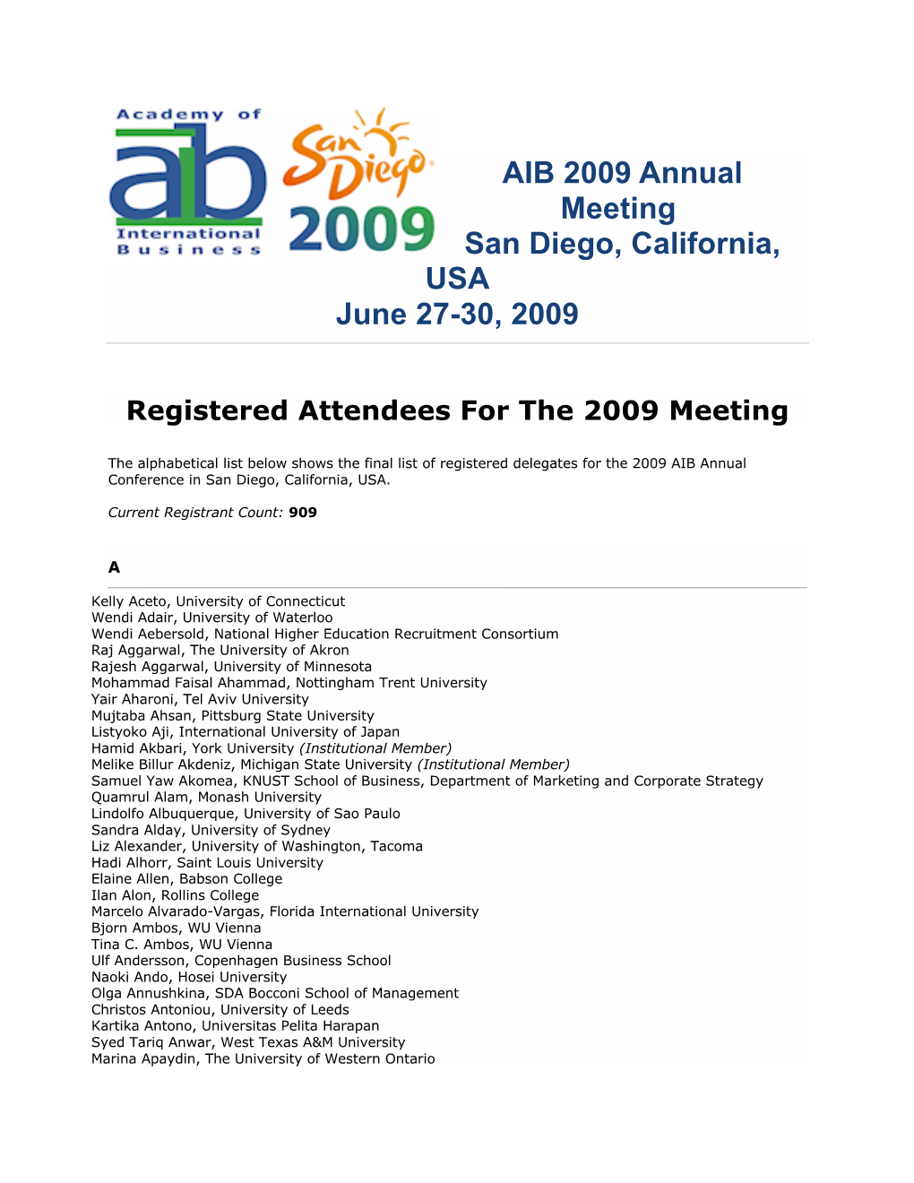 AIB 2009 Annual Meeting San Diego, California, USA June 27-30, 2009