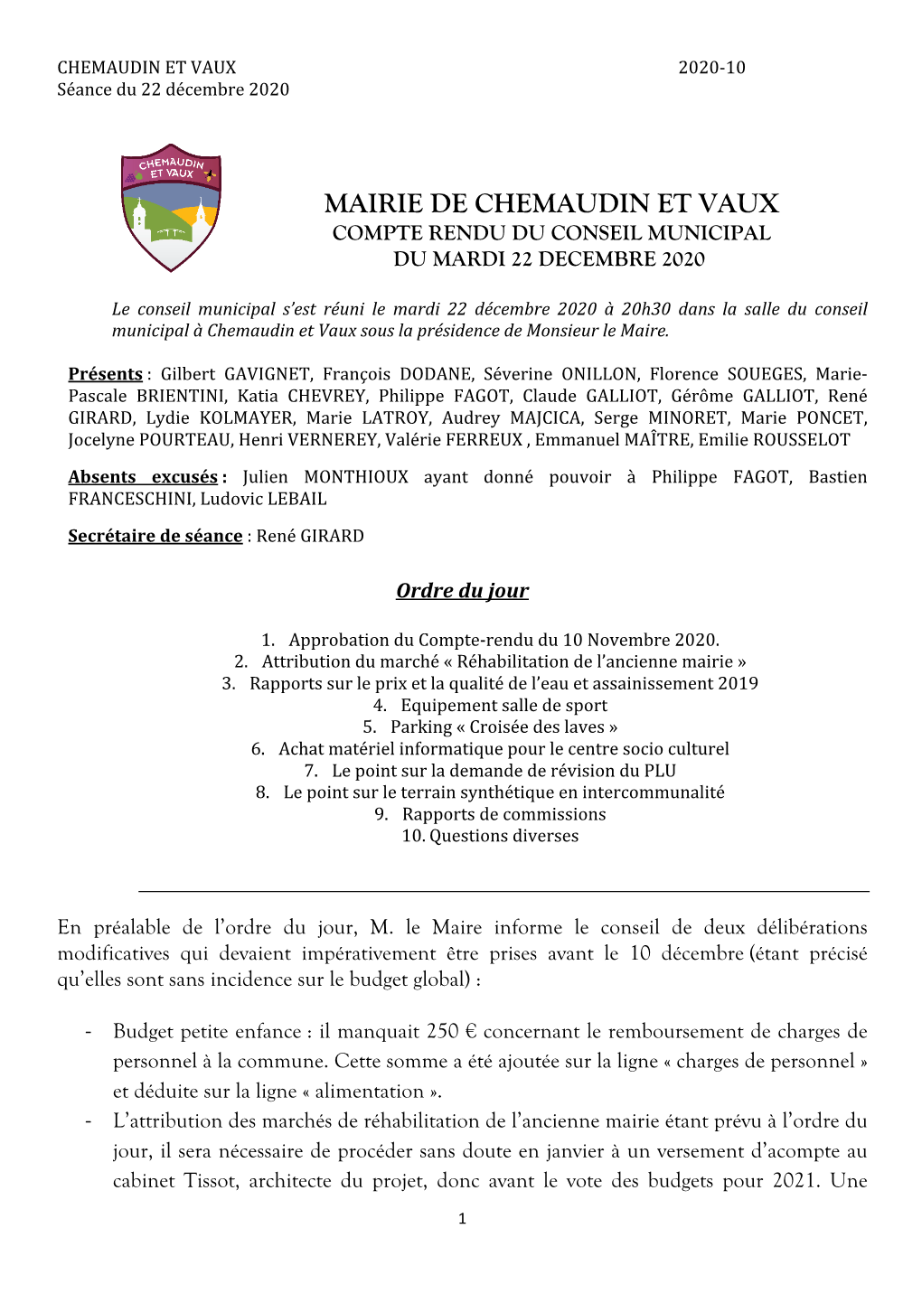 Mairie De Chemaudin Et Vaux Compte Rendu Du Conseil Municipal Du Mardi 22 Decembre 2020