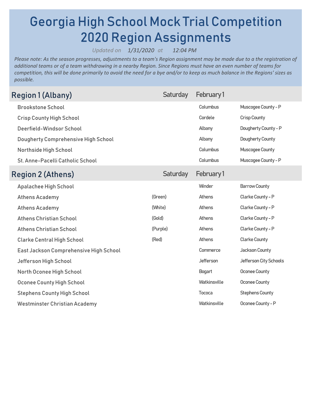 Georgia High School Mock Trial Competition 2020 Region