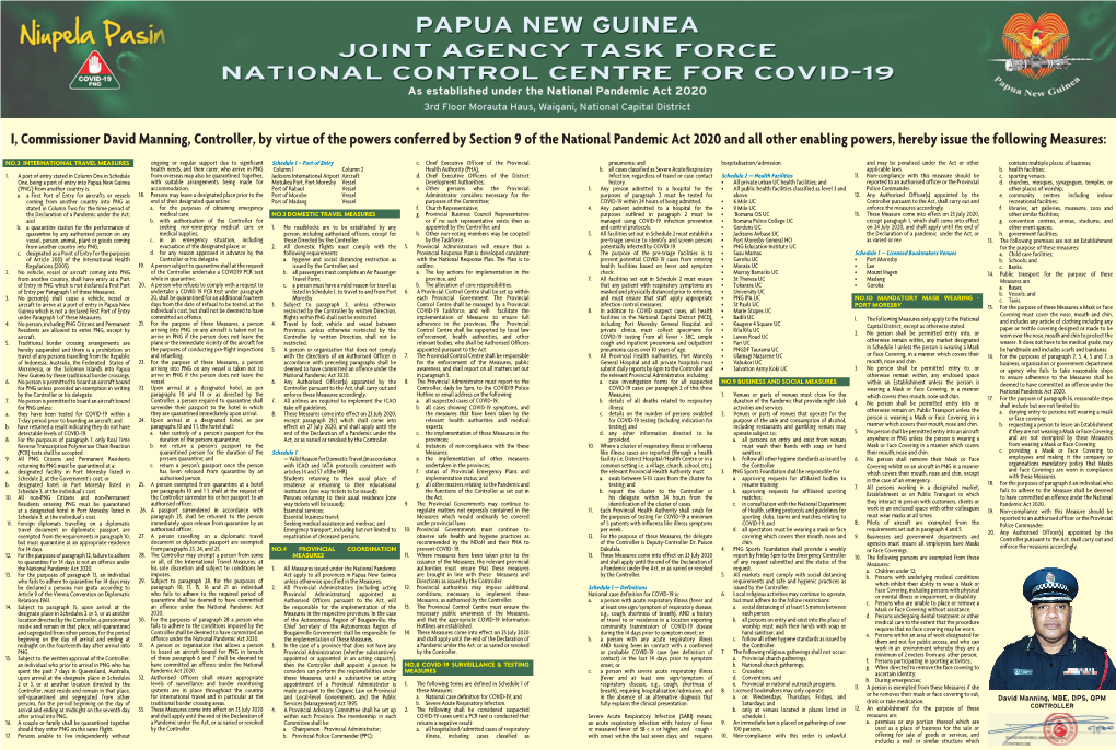 I, Commissioner David Manning, Controller, by Virtue of the Powers Conferred by Section 9 of the National Pandemic Act 2020