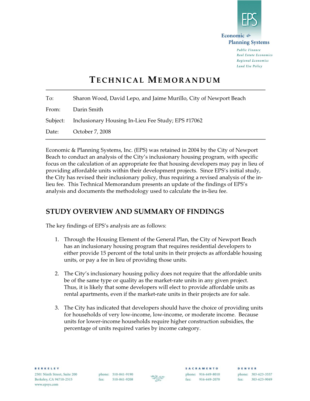 Technical Memorandum Presents an Update of the Findings of EPS’S Analysis and Documents the Methodology Used to Calculate the In‐Lieu Fee