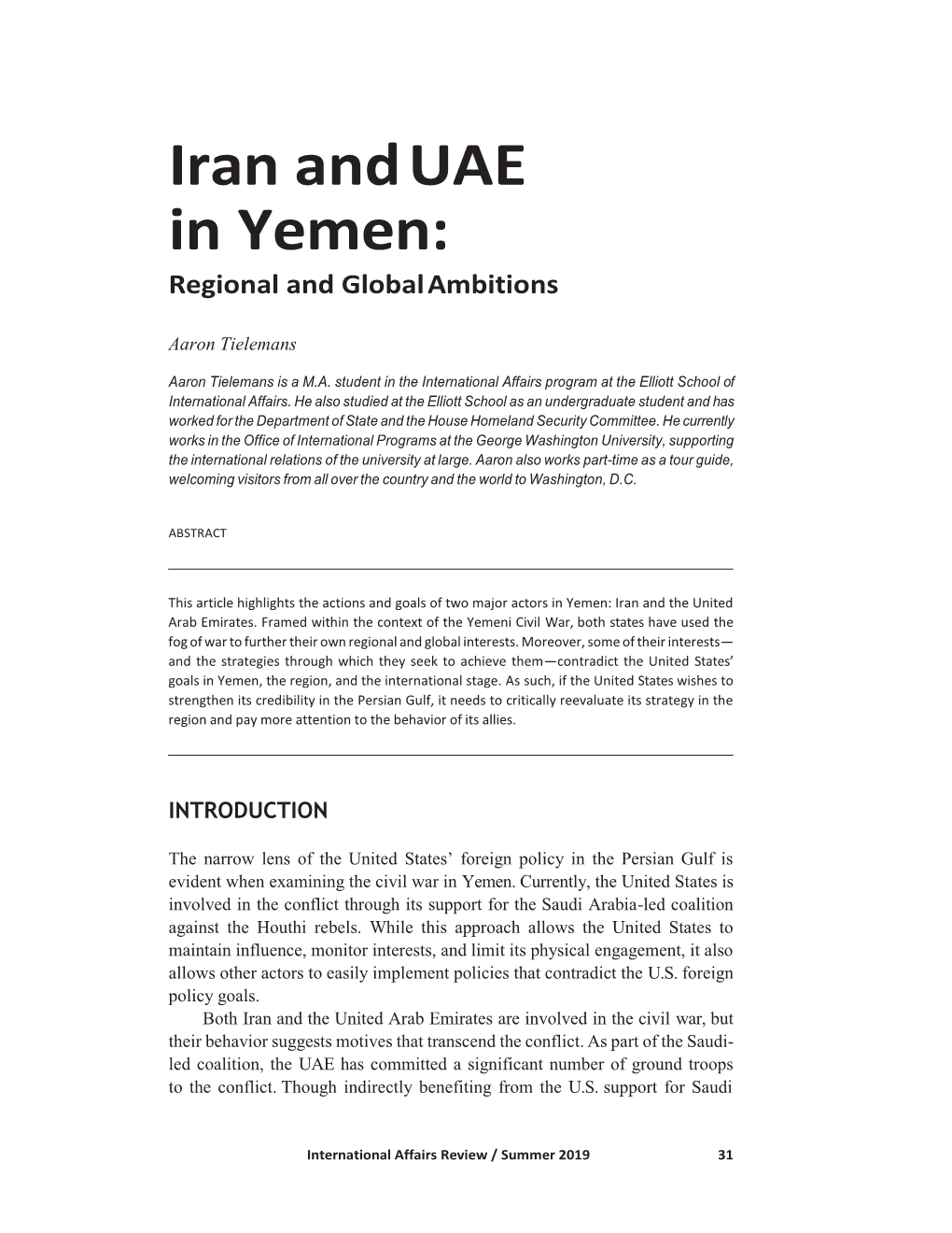 Iran and UAE in Yemen: Regional and Global Ambitions