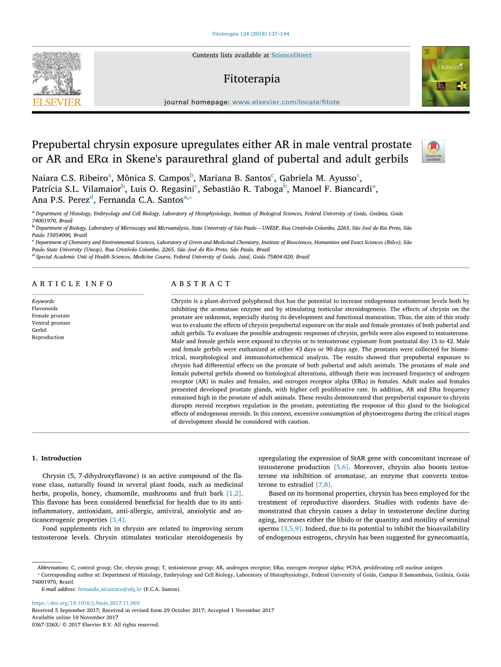 Prepubertal Chrysin Exposure Upregulates Either AR in Male Ventral Prostate T Or AR and Erα in Skene's Paraurethral Gland of Pubertal and Adult Gerbils