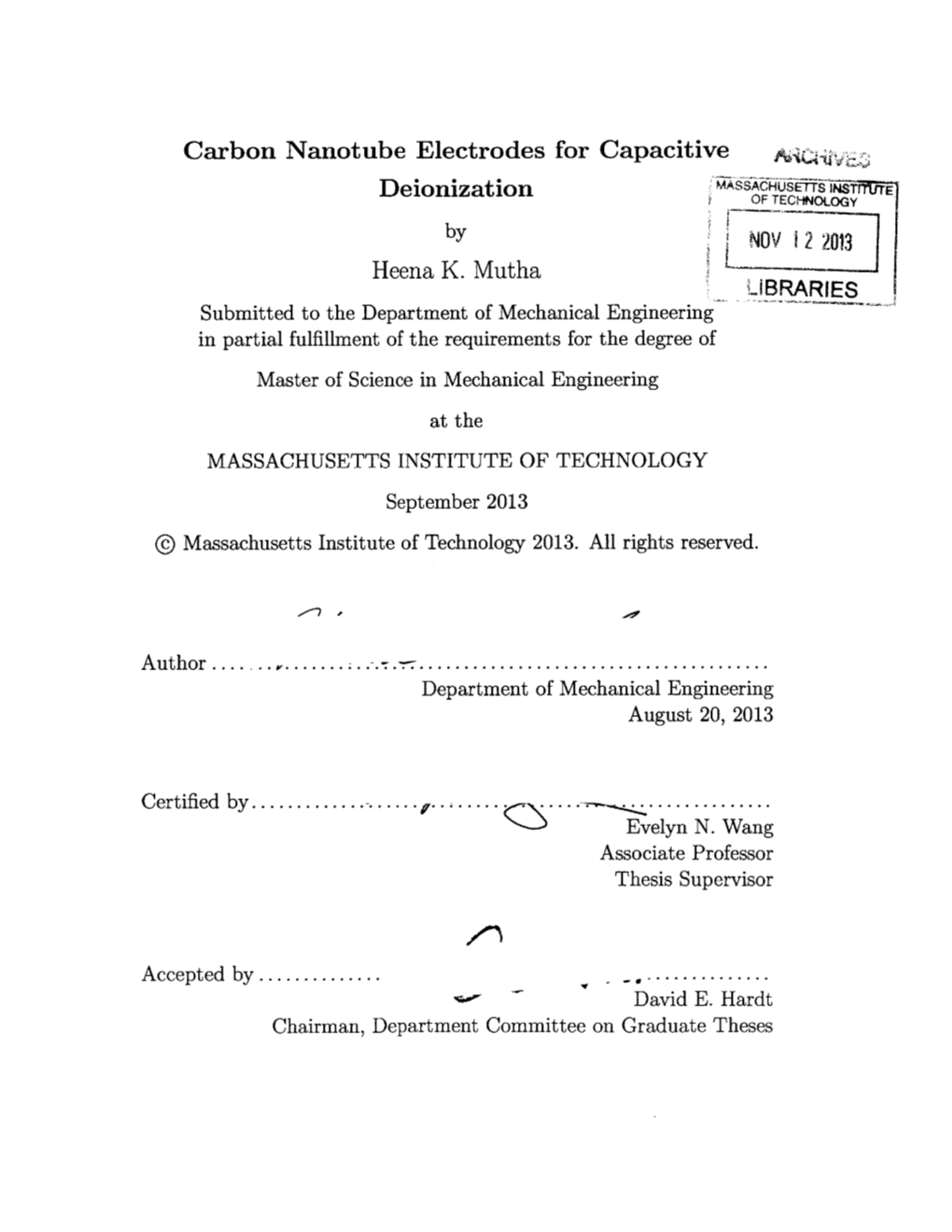 Carbon Nanotube Electrodes for Capacitive Deionization Heena K