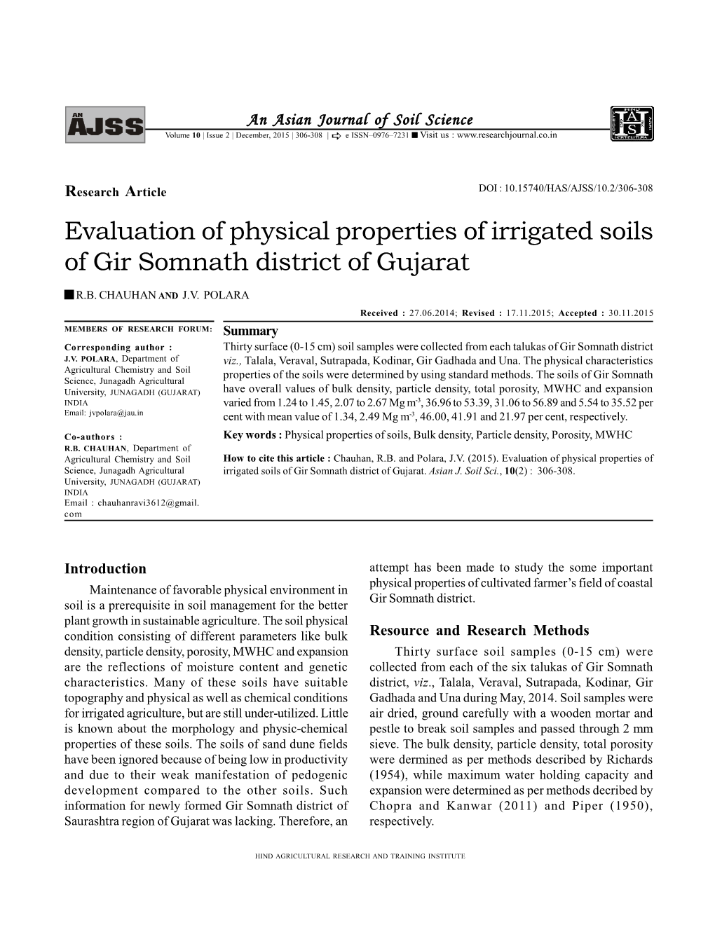 Evaluation of Physical Properties of Irrigated Soils of Gir Somnath District of Gujarat